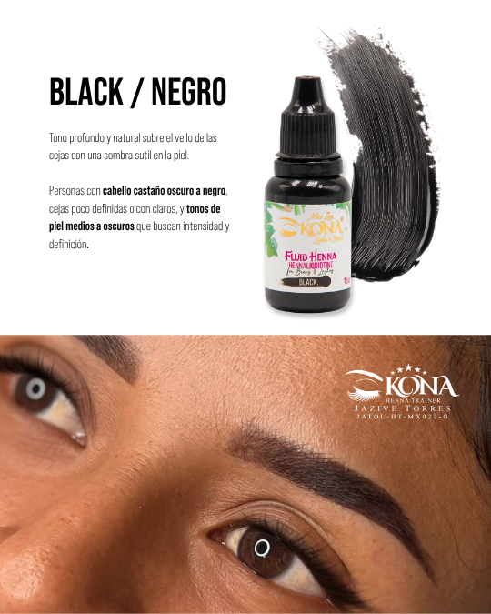 Muestra del pigmento para cejas Kona color Black, Negro junto a un resultado de pigmentación con henna en cejas